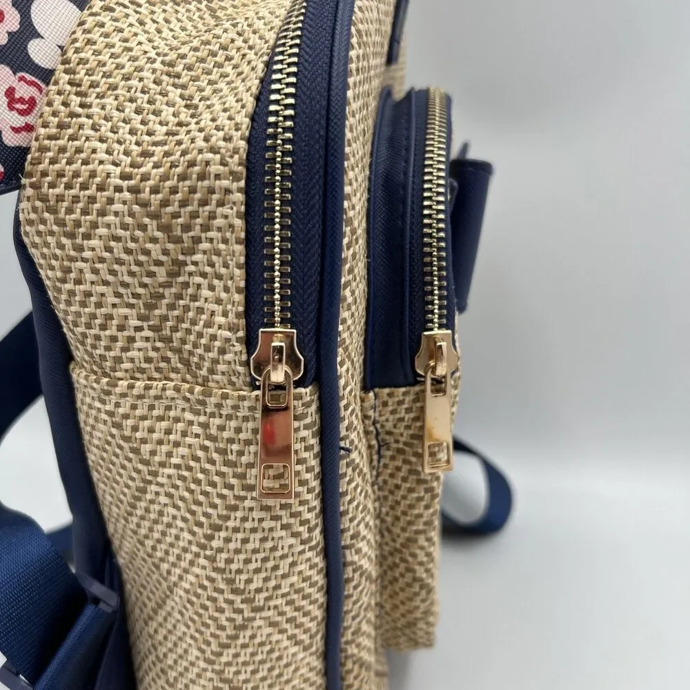 Disney Minnie Mouse Straw Backpack Floral Ears Bow Navy Blue Loungefly Style